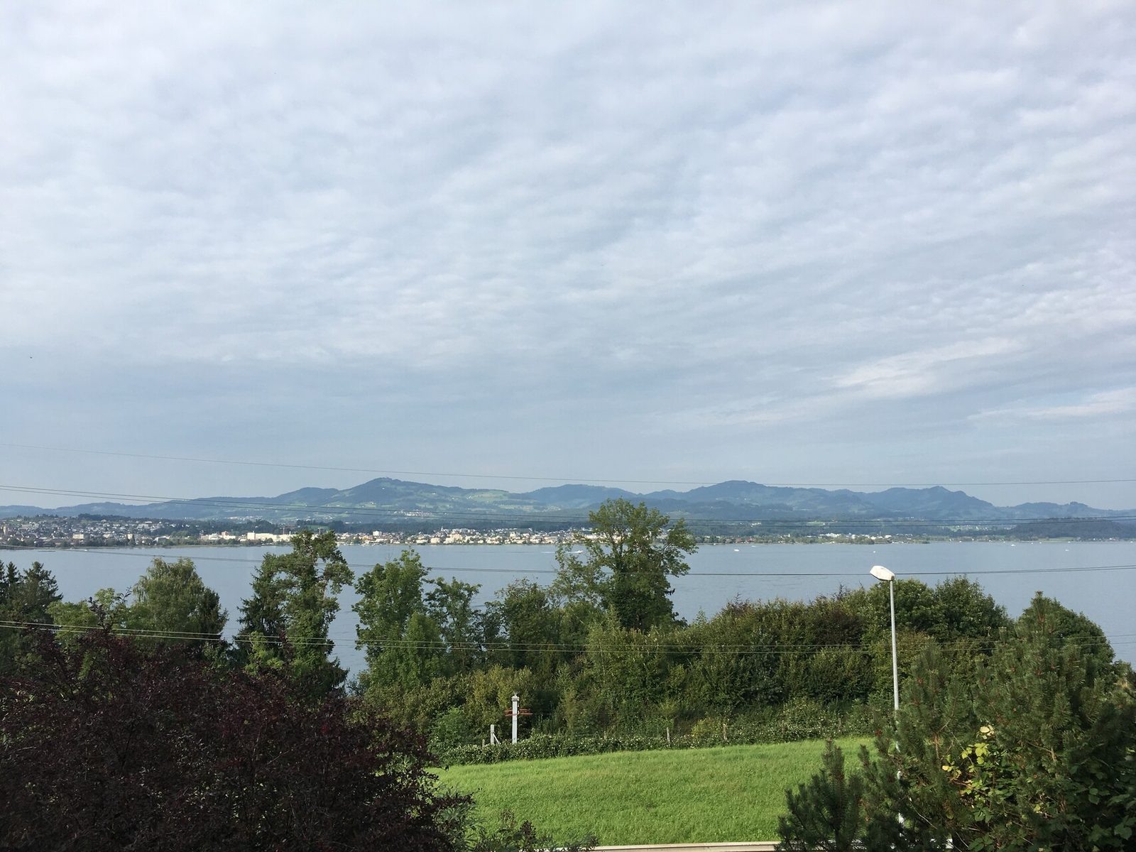 Weitblick über den oberen Zürichsee mit gegenüberliegendem Ufer und Voralpen